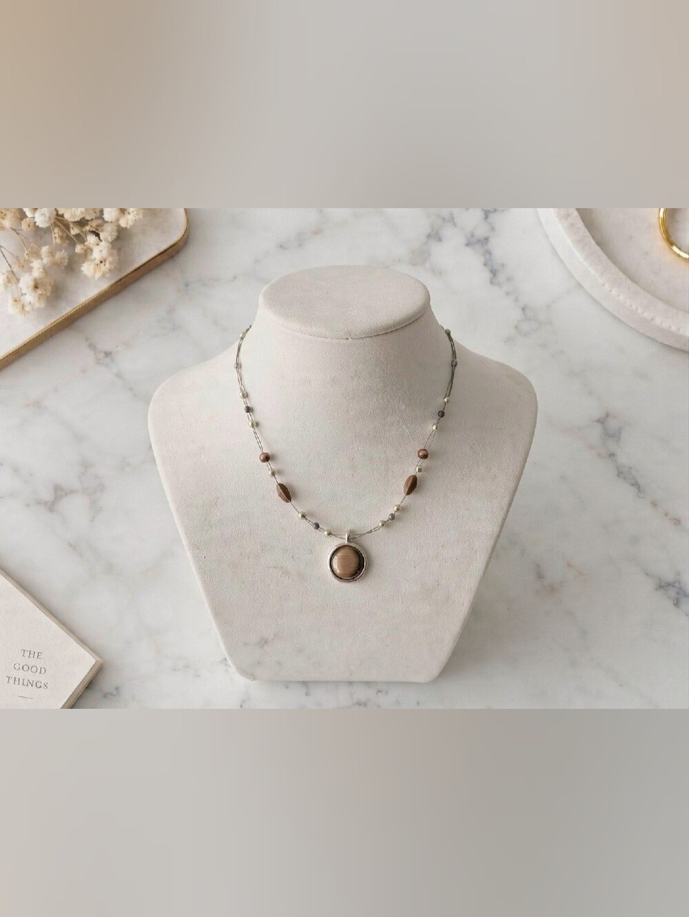 NY Tiger's Eye Stone Pendant 3 Strand Beaded Necklace